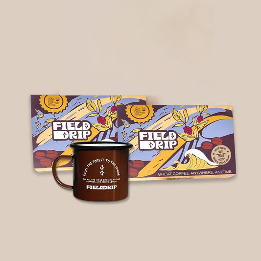 Two boxes of Field Drip drip coffee bags with a walnut enamel camp mug from All Set bundle