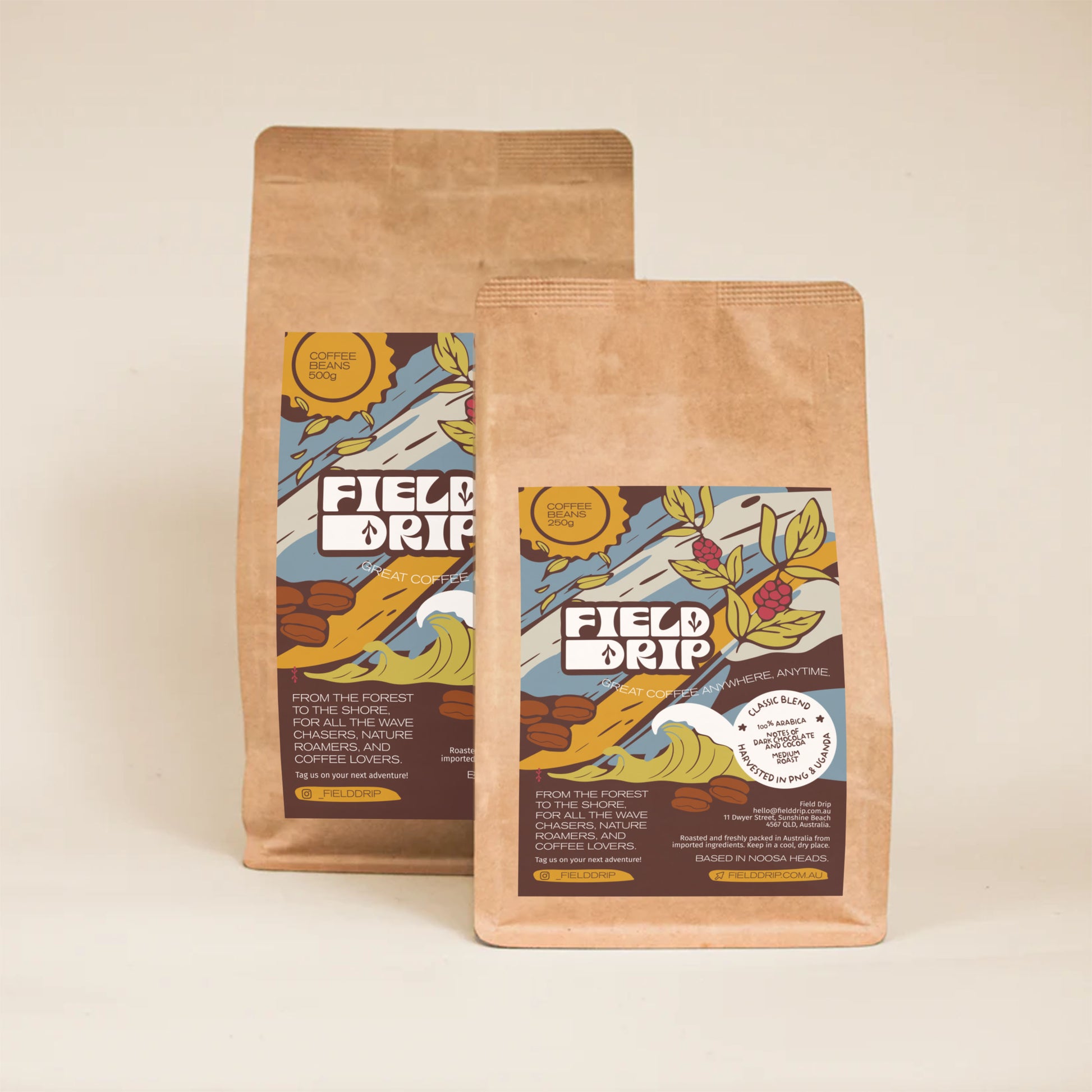 Field Drip Classic Blend coffee beans 250g and 500g — dark chocolate and cocoa, 100% Arabica medium roast harvested in PNG and Uganda