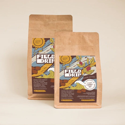 Field Drip Classic Blend coffee beans 250g and 500g — dark chocolate and cocoa, 100% Arabica medium roast harvested in PNG and Uganda