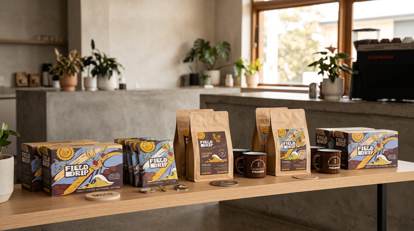 Field Drip specialty coffee products including coffee beans, drip coffee bags and enamel mugs displayed in a modern café.