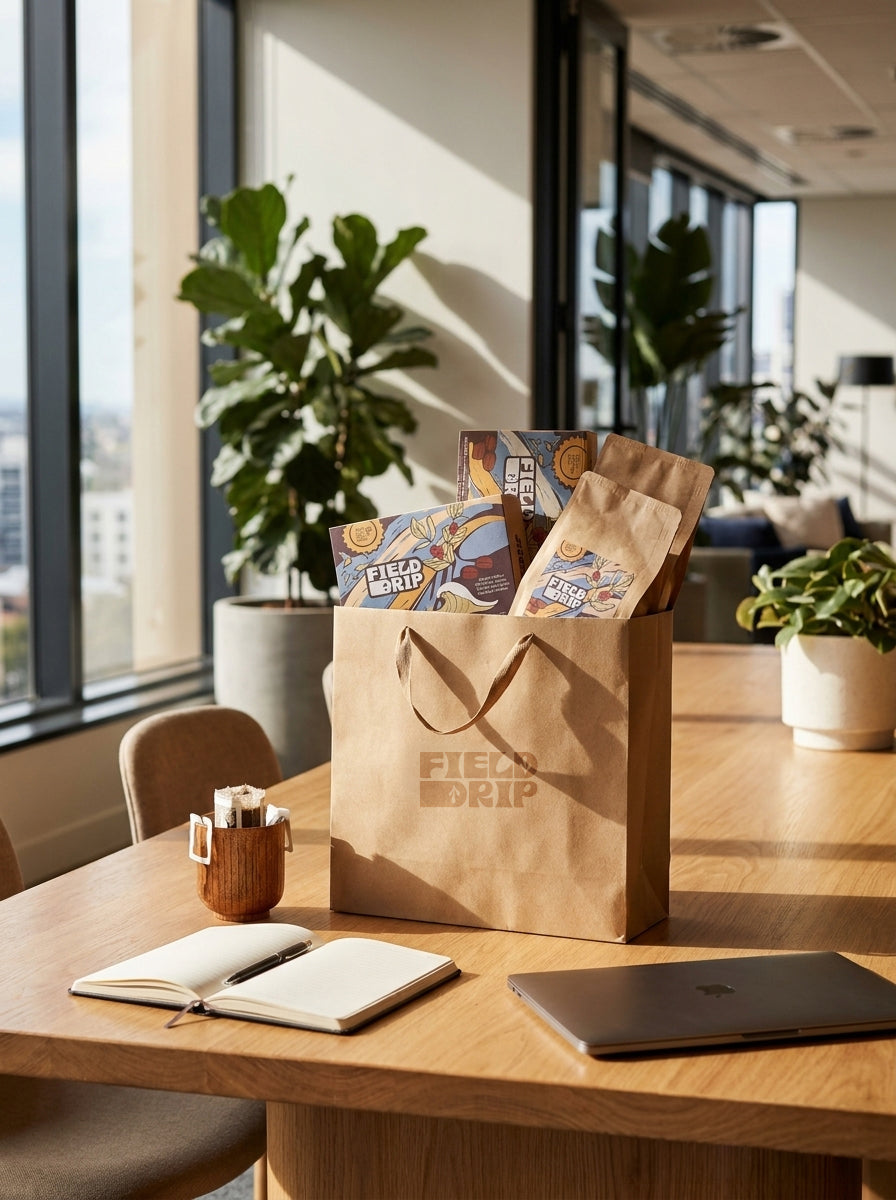 Field Drip specialty coffee products displayed in a modern office workspace