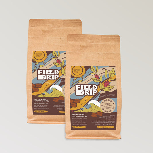 Field Drip Double Trouble bundle – two 500g bags of Surf Drip single origin coffee beans from Brazil, side by side