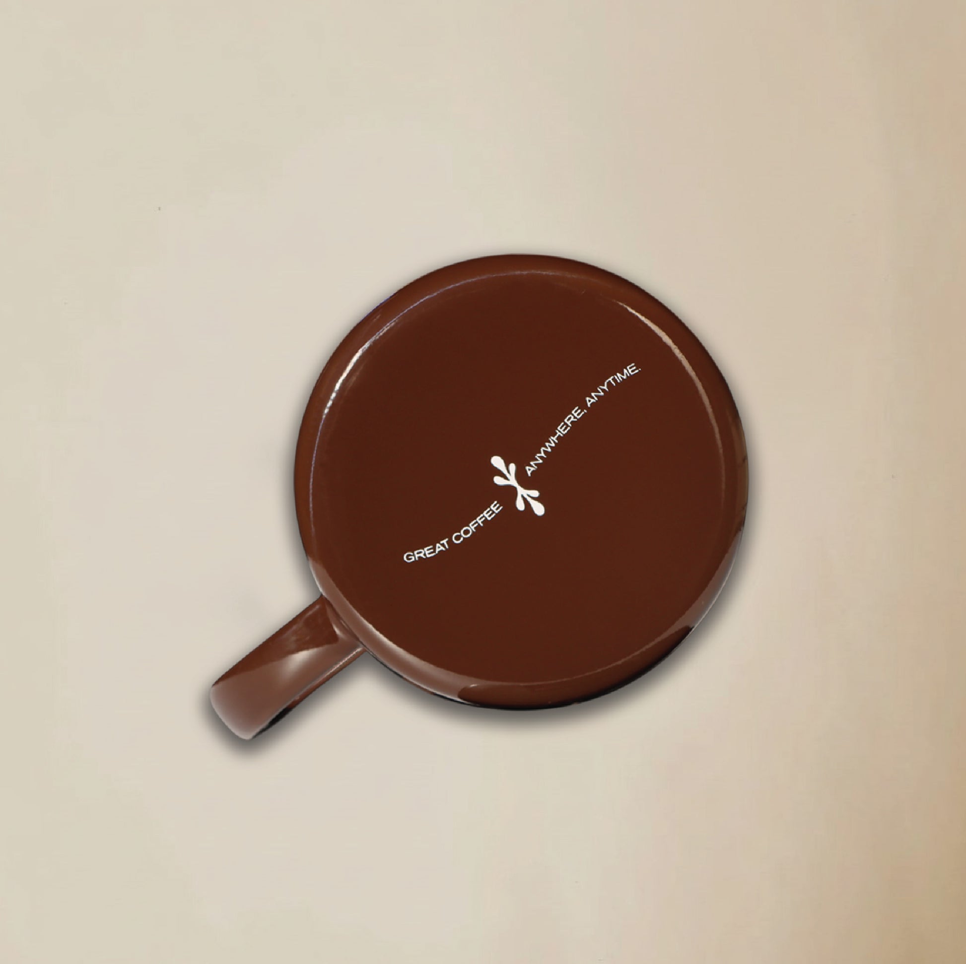 Bottom view of Field Drip enamel camping mug in walnut dark brown with white “Great Coffee Anywhere, Anytime” text