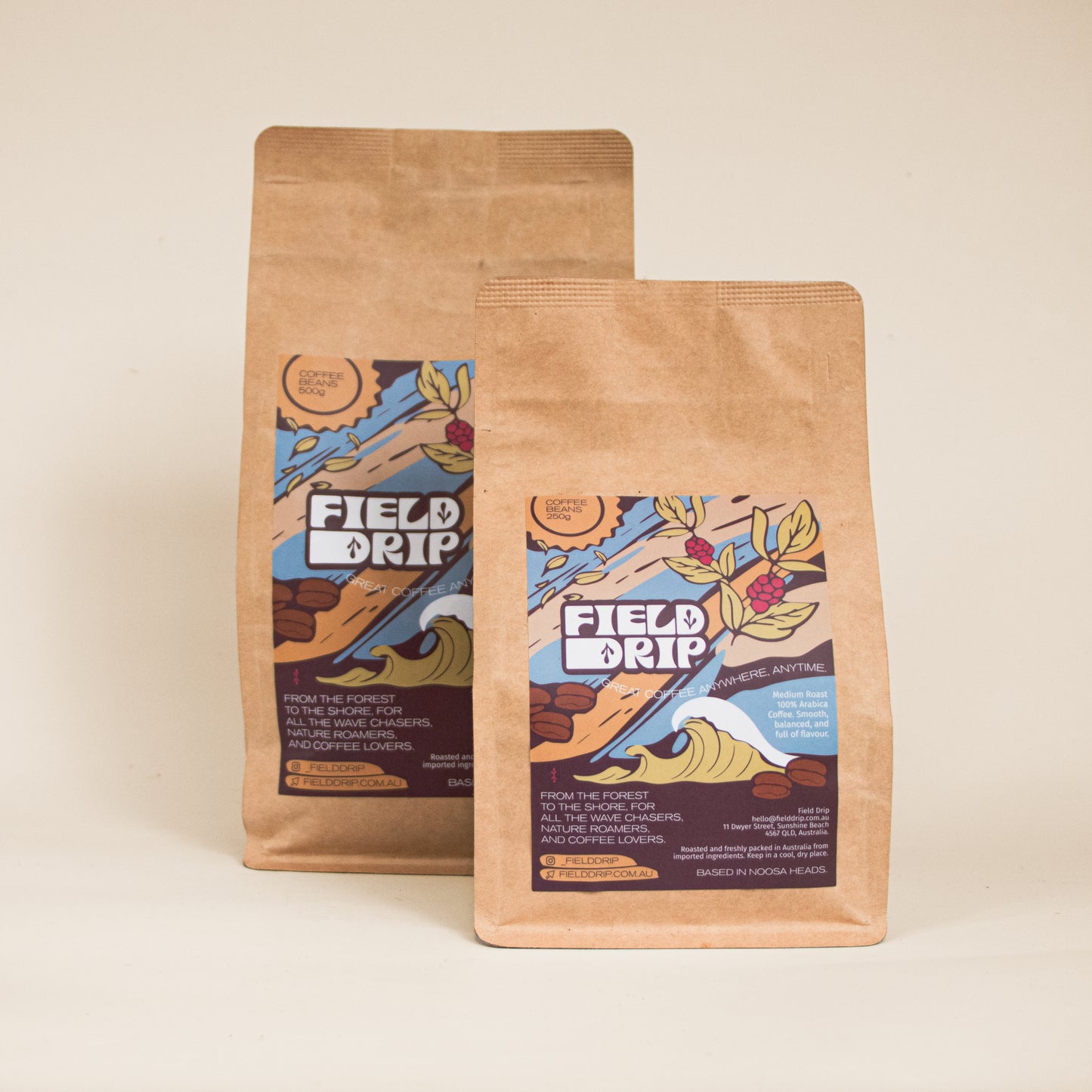 Field Drip specialty coffee in kraft paper stand-up pouches, two bags with front label on a studio background.