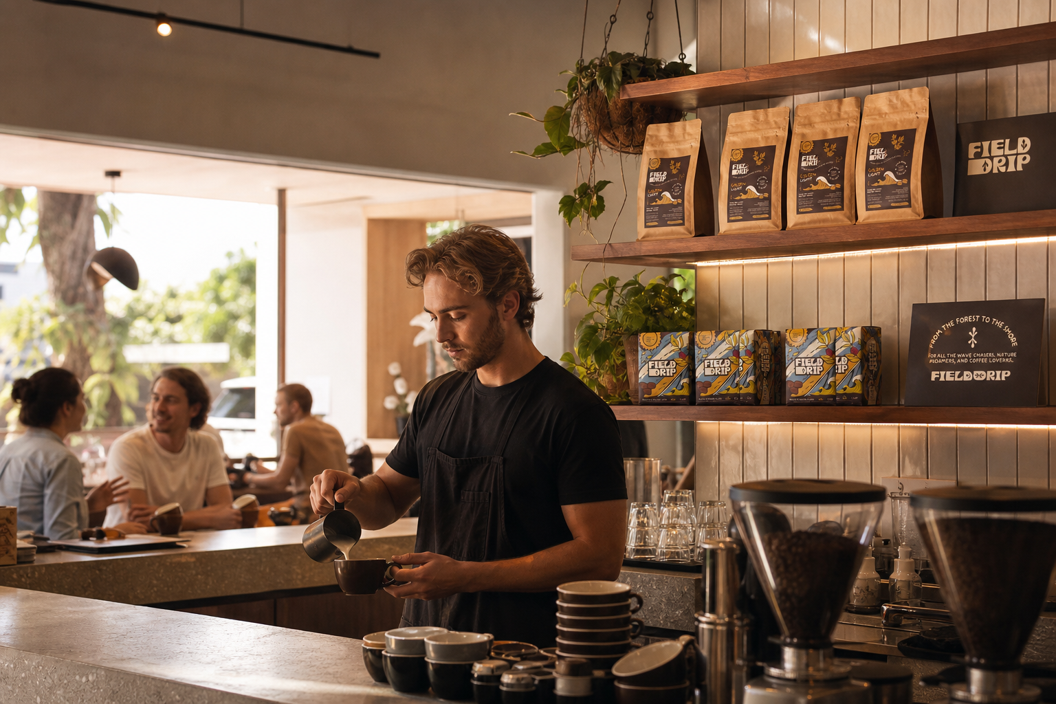 Barista preparing coffee in a modern cafe with shelves displaying coffee bags and boxes.