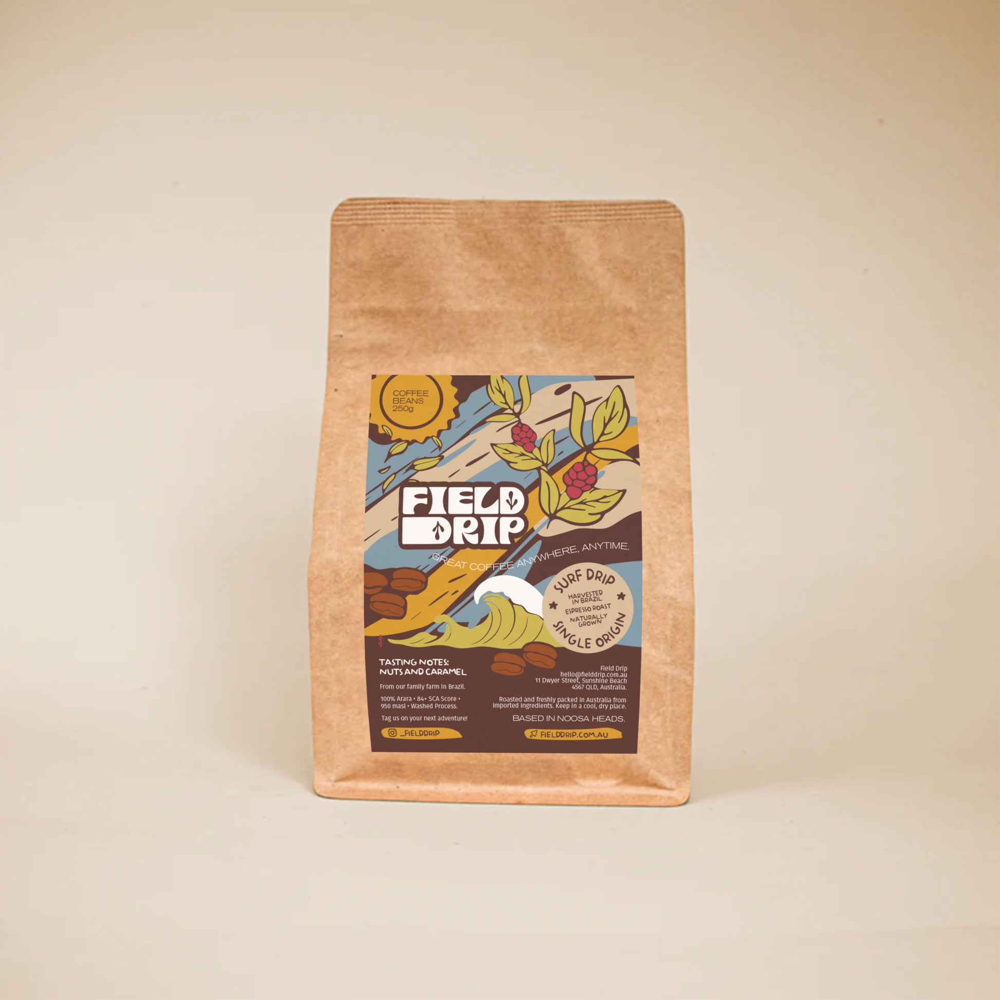 Field Drip Surf Drip specialty coffee beans 250g — single origin, nuts and caramel tasting notes, based in Noosa Heads