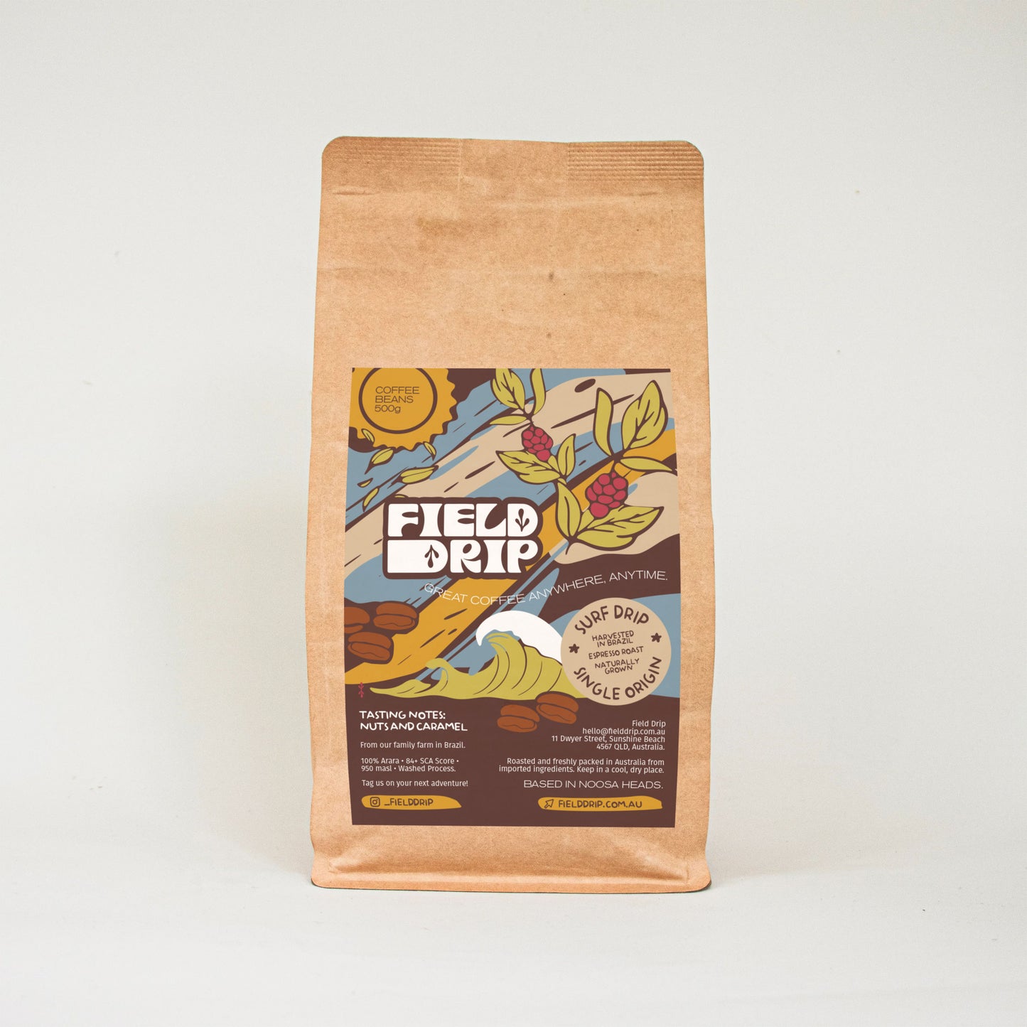 Field Drip Surf Drip specialty coffee beans 500g — single origin, nuts and caramel tasting notes, based in Noosa Heads