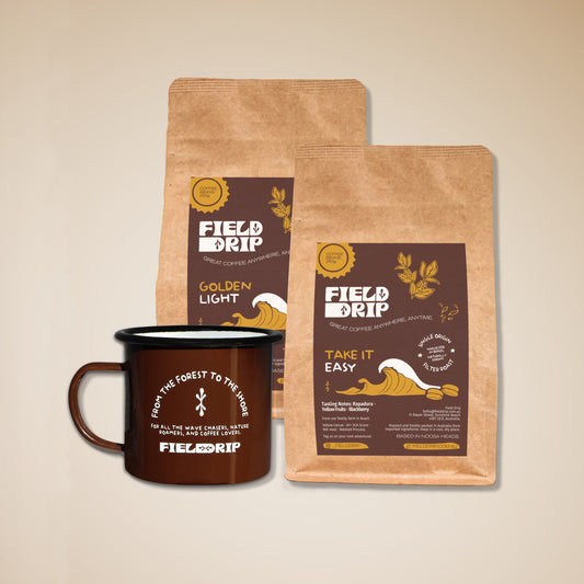 Field Drip Two Good bundle: Golden Light and Take It Easy coffee bags with enamel camp mug.